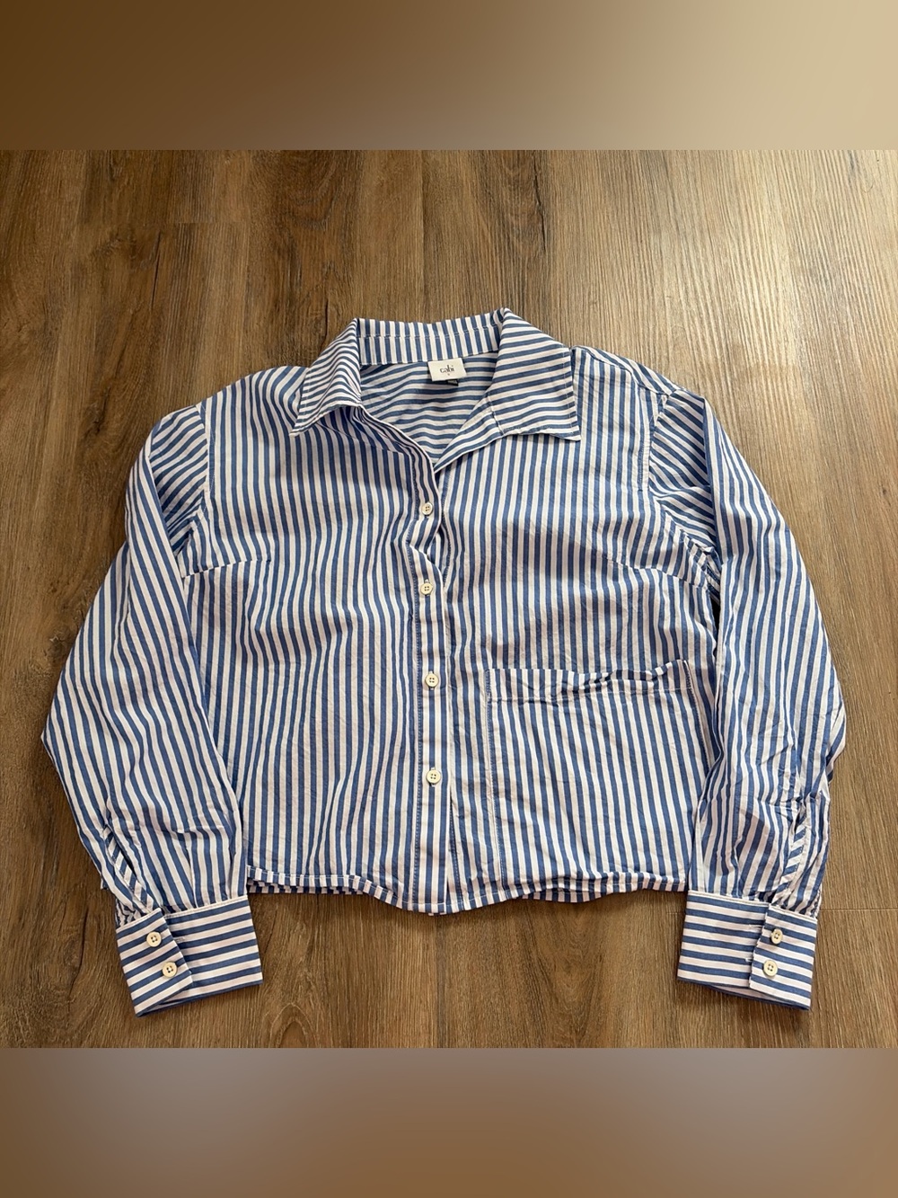 Cabi striped cropped collared blouse